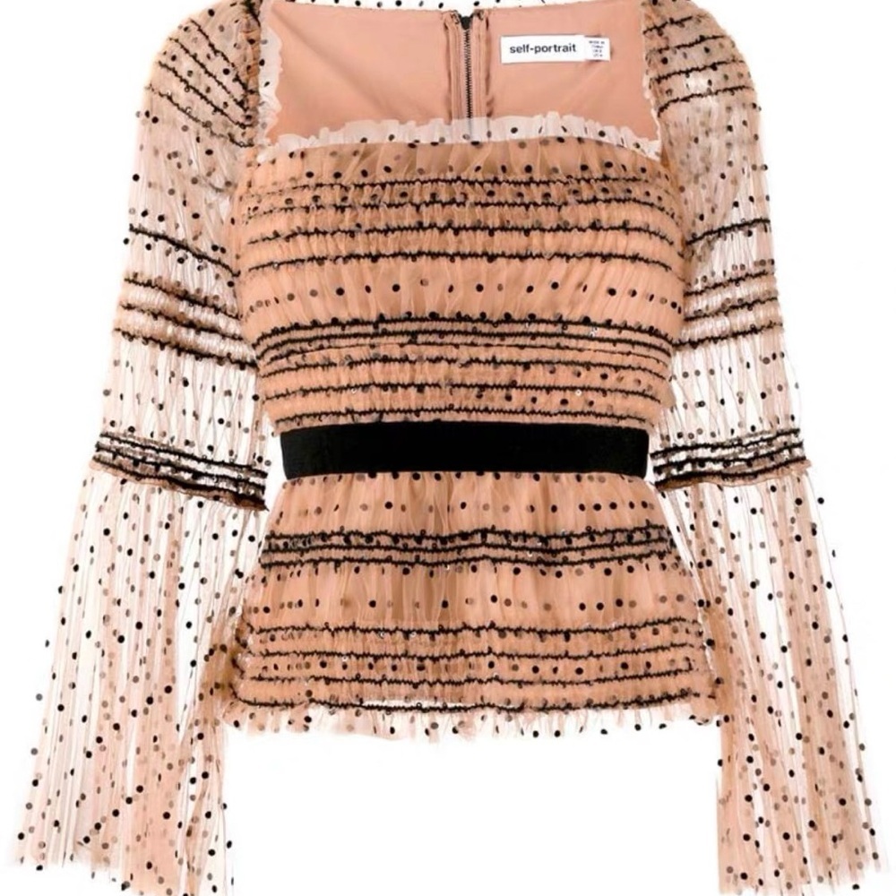 NWOT Self-Portrait Shirred Sheer Polka Dot Top in Tan / Nude & Black - 0 (XS) - Picture 5 of 10